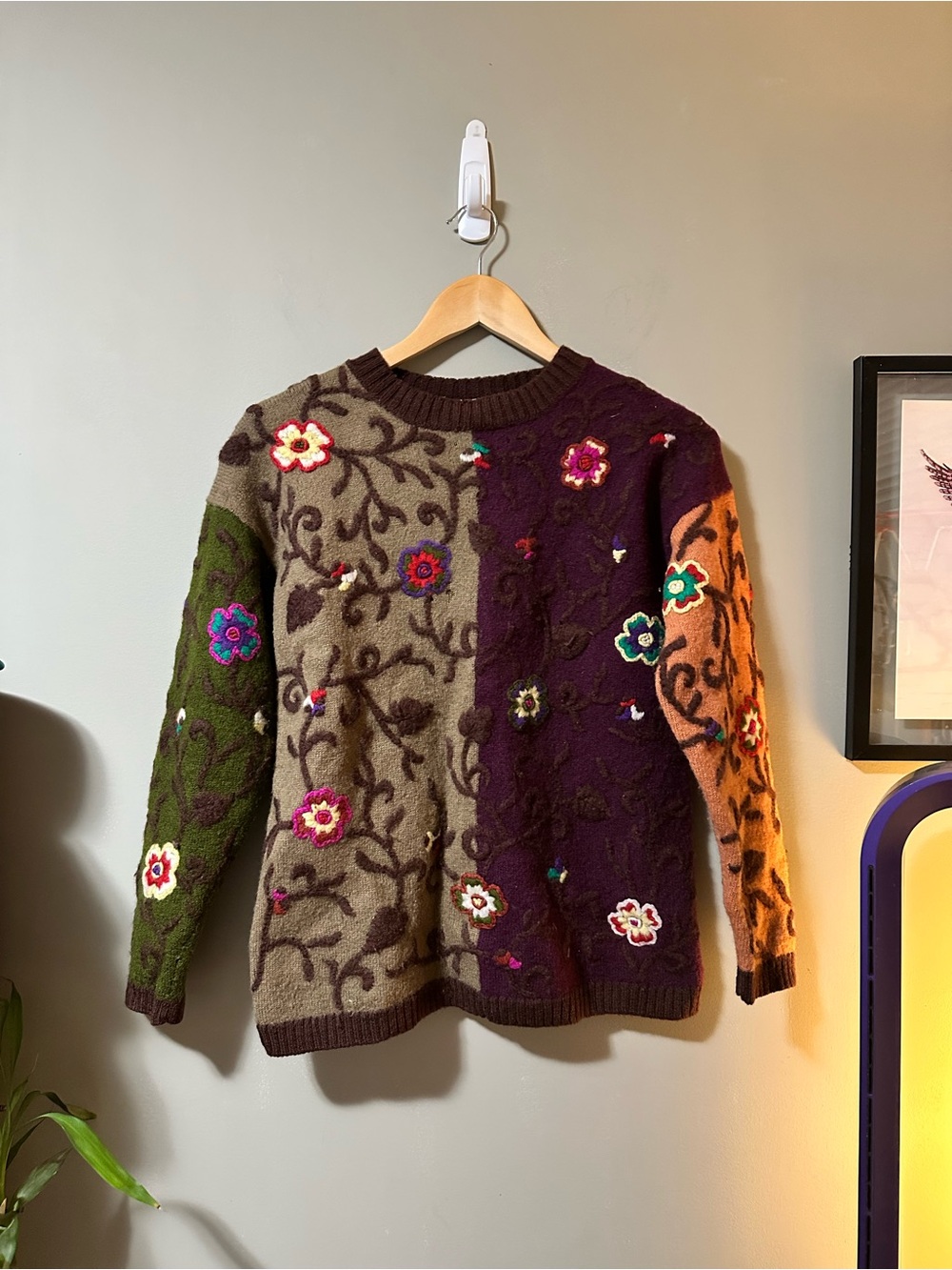 Colorblock Embroidered Floral Knit 100% Wool Sweater